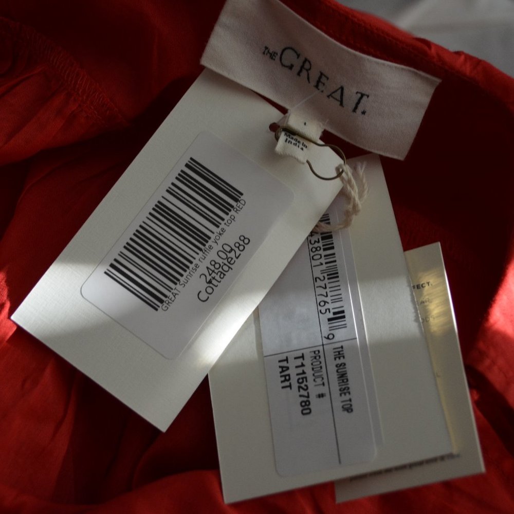 NWT $248 The Great The Sunrise Ruffled Cotton-Voile Red Short Sleeve Blouse - Picture 9 of 10